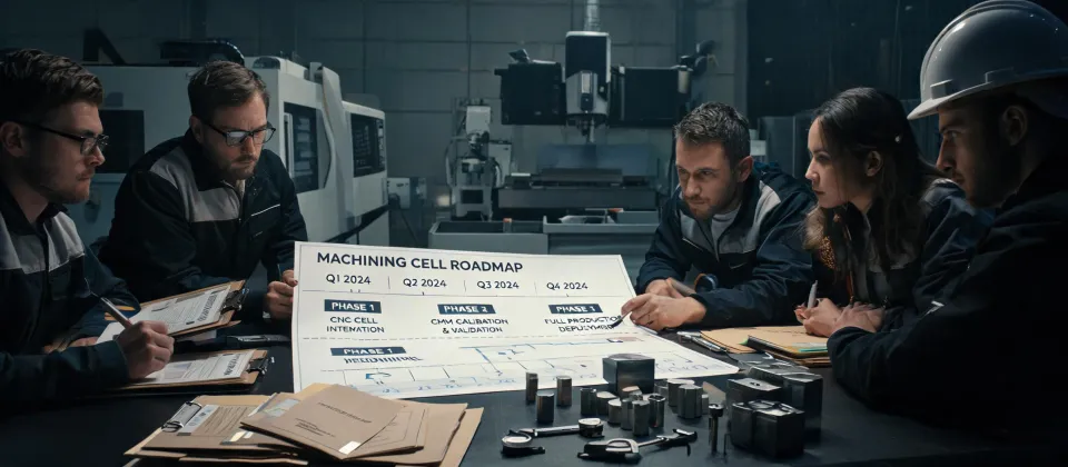 Makino engineering team reviewing machining cell roadmap
