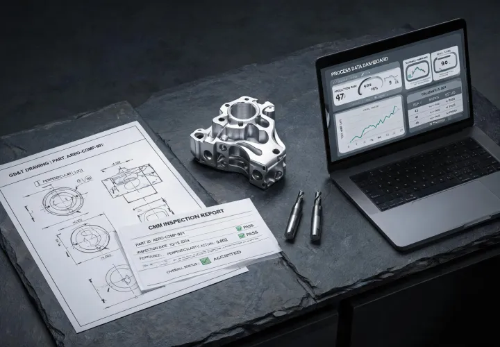 Makino engineer reviewing GD&T drawing and CMM report