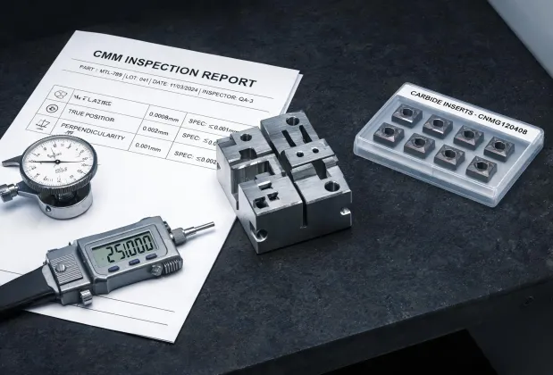 CMM inspection report beside precision machined tooling